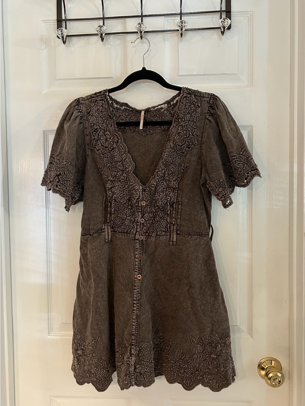 Free People Brown Embroidered Short Sleeve Romper